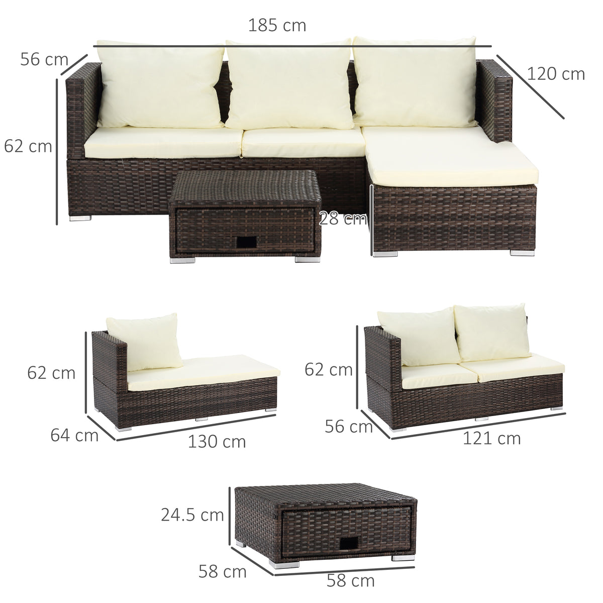 3 Pieces Rattan Garden Furniture Sofa Set, 4 Seater Garden Corner Sofa With 5-Level Reclining Sun Lounger And Storage Coffee Table, Outdoor Furniture Conservatory Set With Cushions, Brown