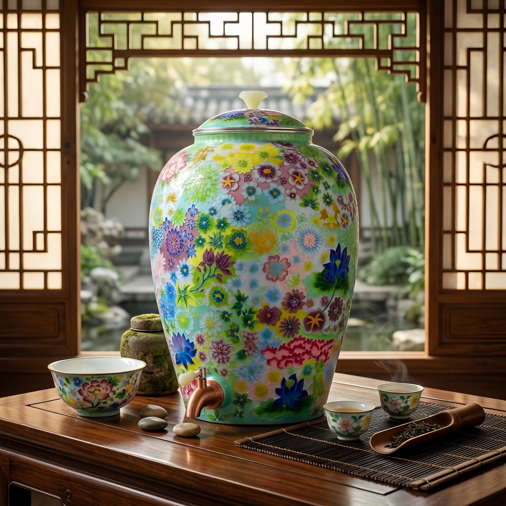 Pure 999 Fine Silver Elegant Hand-Painted Floral Enamel Water Dispenser with Copper Tap and Matching Lid - Handicraft