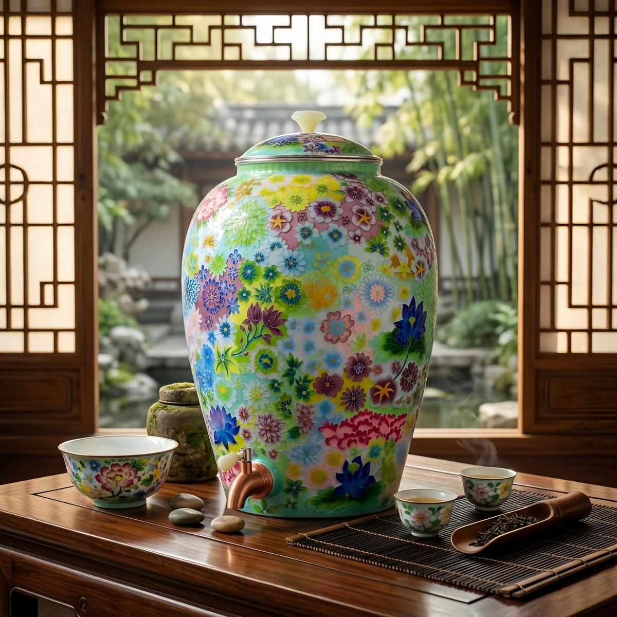 Pure 999 Fine Silver Elegant Hand-Painted Floral Enamel Water Dispenser with Copper Tap and Matching Lid - Handicraft