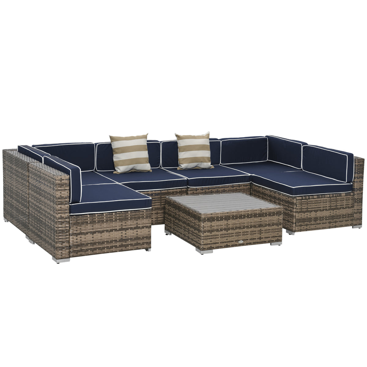 7-Piece Outdoor Wicker Patio Sofa Set, Modern Rattan Conversation Furniture Set with Cushions, Pillows and Tea Table - Blue