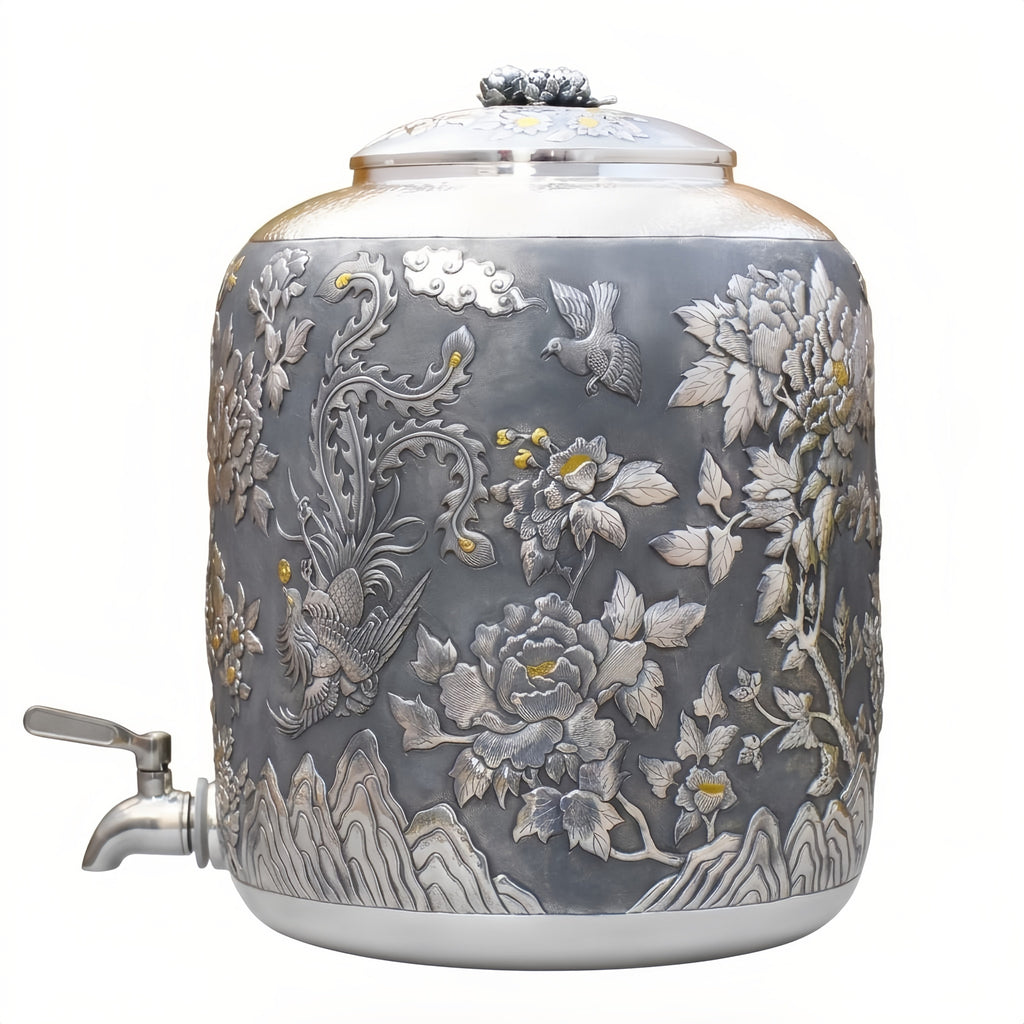 Pure 999 Fine Silver Handcrafted Ornate Metallic Beverage Dispenser Featuring Embossed Phoenix and Floral Relief Designs - Handicraft