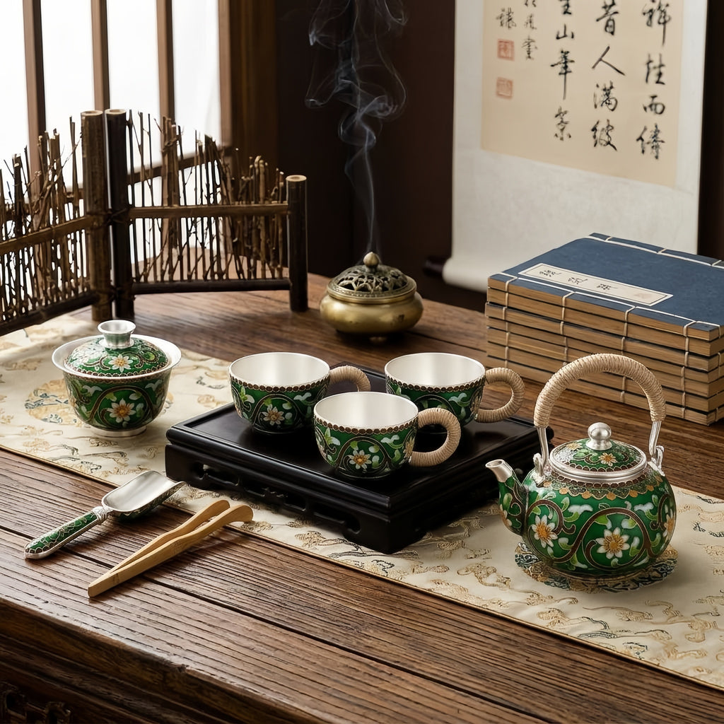 925 Sterling Silver Handcrafted Enamel Floral Cups with Rattan Handles - Handicraft