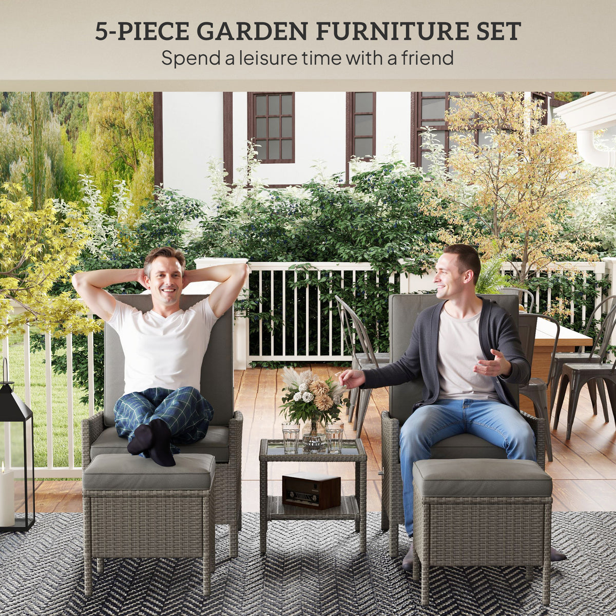 5 Piece Rattan Garden Furniture Set, Wicker Patio Sofa Set With 2 Armchairs, 2 Footstools, Glass Top Coffee Table With Shelf, Outdoor Furniture With Adjustable Backrests, Cushions, Dark Grey