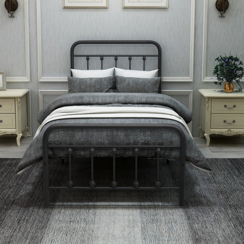 Metal Platform Bed Frame, Victorian Style HeadboardFootboard  Under Bed Storage  No Box Spring Needed Twin Size Black