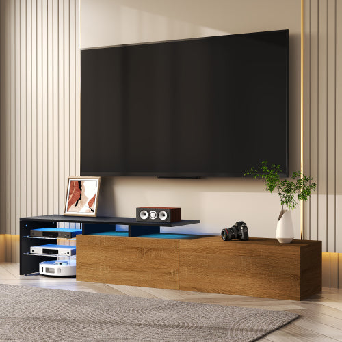 Modern TV Cabinet Design Stylish And Elegant, Practical Storage Space, Black And Wood Look, Glass Shelves, LED Lighting