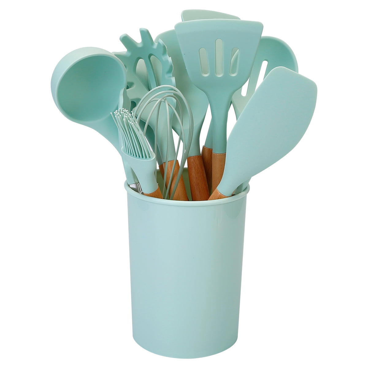 2 Color Options -- Set Of 11Pcs Silicone Cooking Utensil Set Heat Resist Wooden Handle Silicone Spatula Turner Ladle Spaghetti Server Tongs Spoon Egg Kitchenware Set With Holder