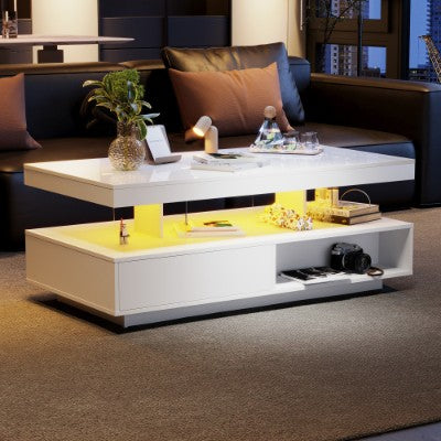 Led Coffee Table With 2 Drawer Storage, High Gloss Coffee Table