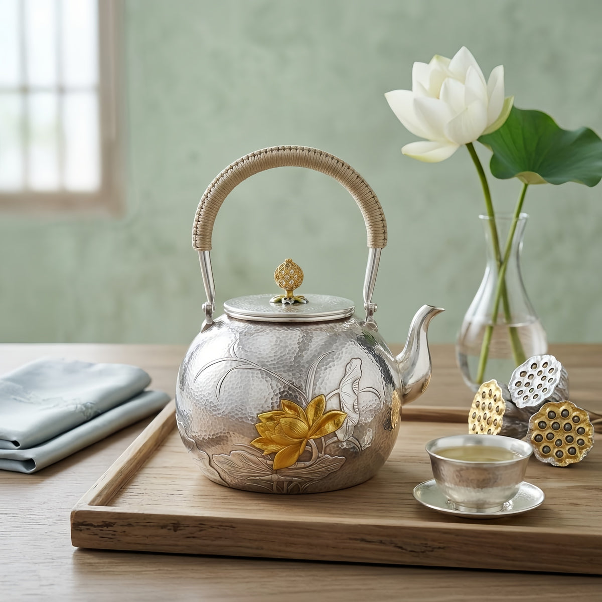 Pure 999 Fine Silver Handcrafted Hammered Silver Teapot with Ornate Lotus Blossom and Woven Rattan Handle - Handicraft