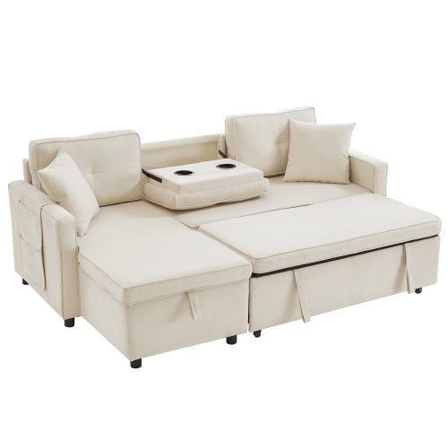 L-Shaped Pull Out Sleep Sofabed, Modern Reversible Sleeper Sectional Sofa, 3 In 1 Convertible Sofa Bed With Storage Chaise, Drop-Down Table, Cup Holders And Charging Ports