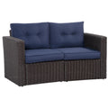 2 Piece Patio Wicker Corner Sofa Set, Outdoor PE Rattan Furniture, with Curved Armrests and Padded Cushions for Balcony, Garden, or Lawn, Dark Blue