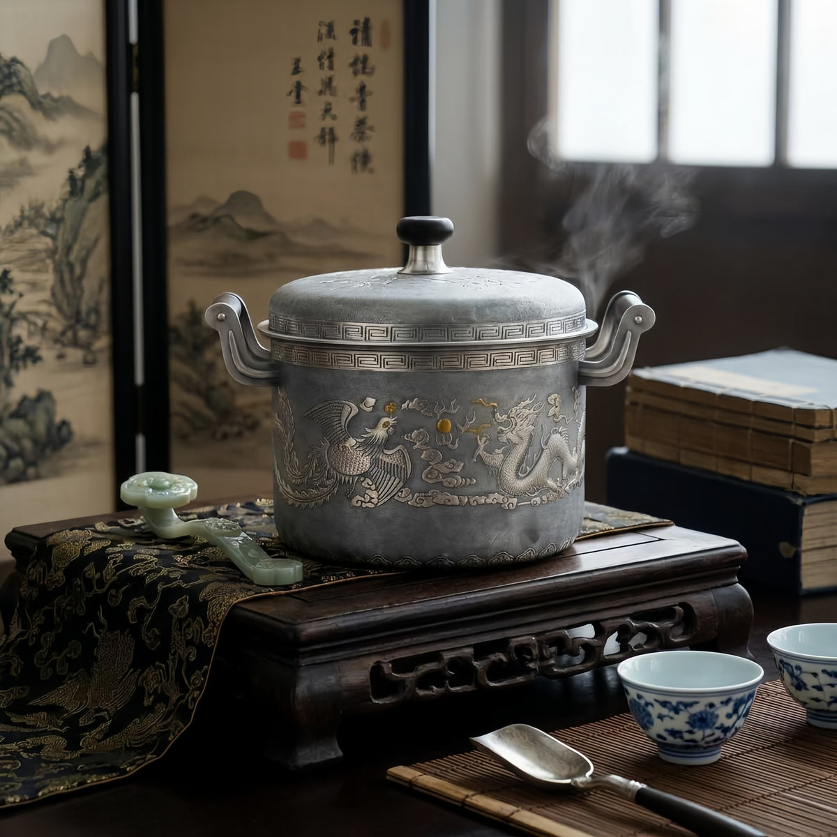 Pure 999 Fine Silver Handcrafted Silver-Toned Tureen with Traditional Dragon and Phoenix Engravings and Meander Border Art - Handicraft