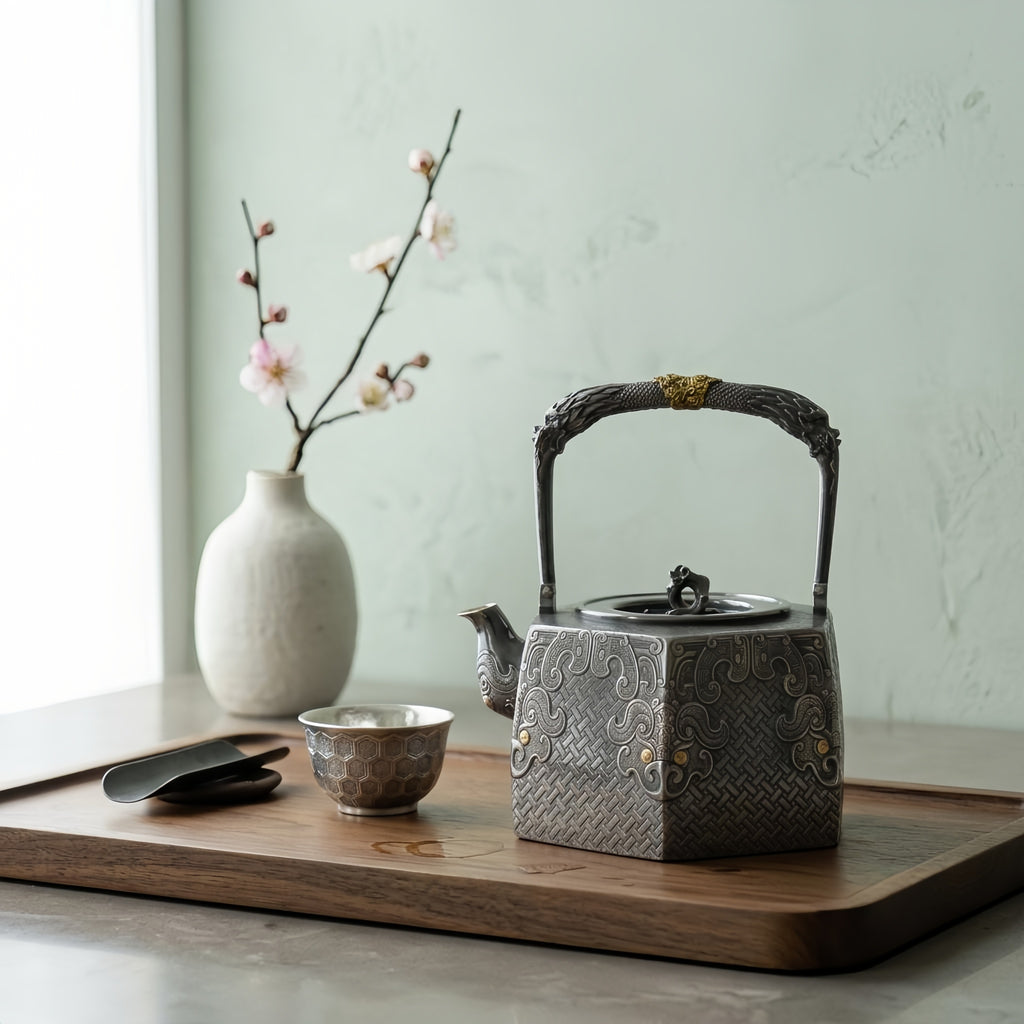 Pure 999 Fine Silver **Title:** Elegant  Dragon Teapot with Gold Accents and Woven Pattern-Fine large teapot - Handicraft
