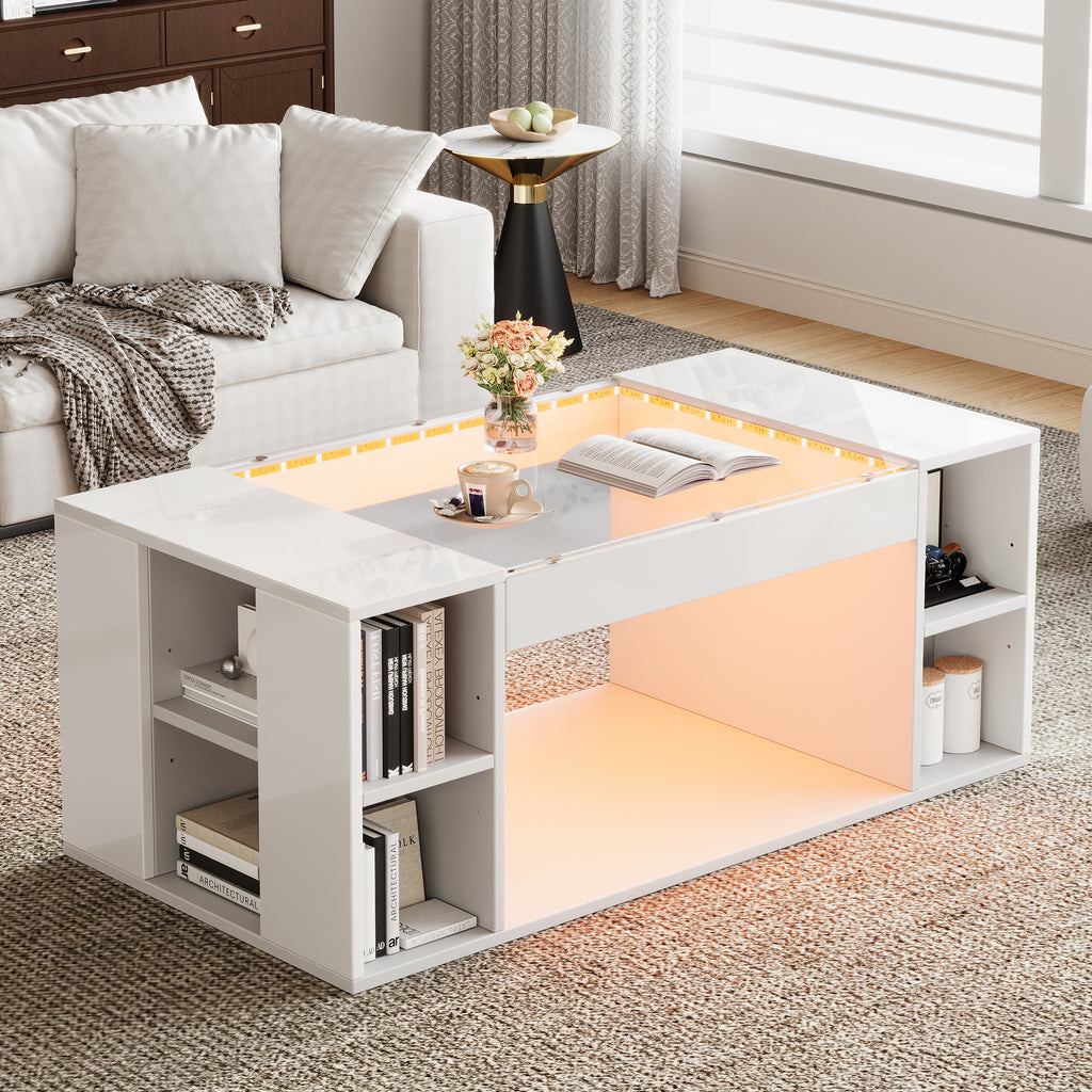High Gloss Coffee Table With Open Storage, LED Lights