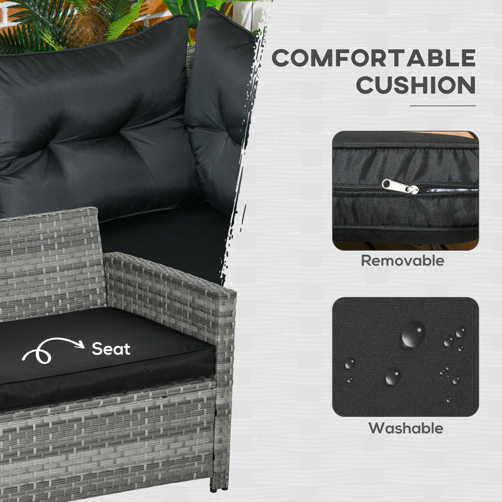 5-Piece Rattan Patio Furniture Set With Corner Sofa, Footstools, Glass Coffee Table, Cushions, Mixed Grey