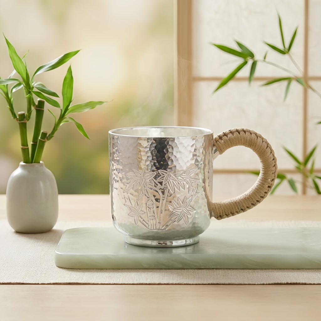 Pure 999 Fine Silver Handcrafted Hammered Silver Mug with Bamboo Engraving and Woven Rope Handle - Handicraft