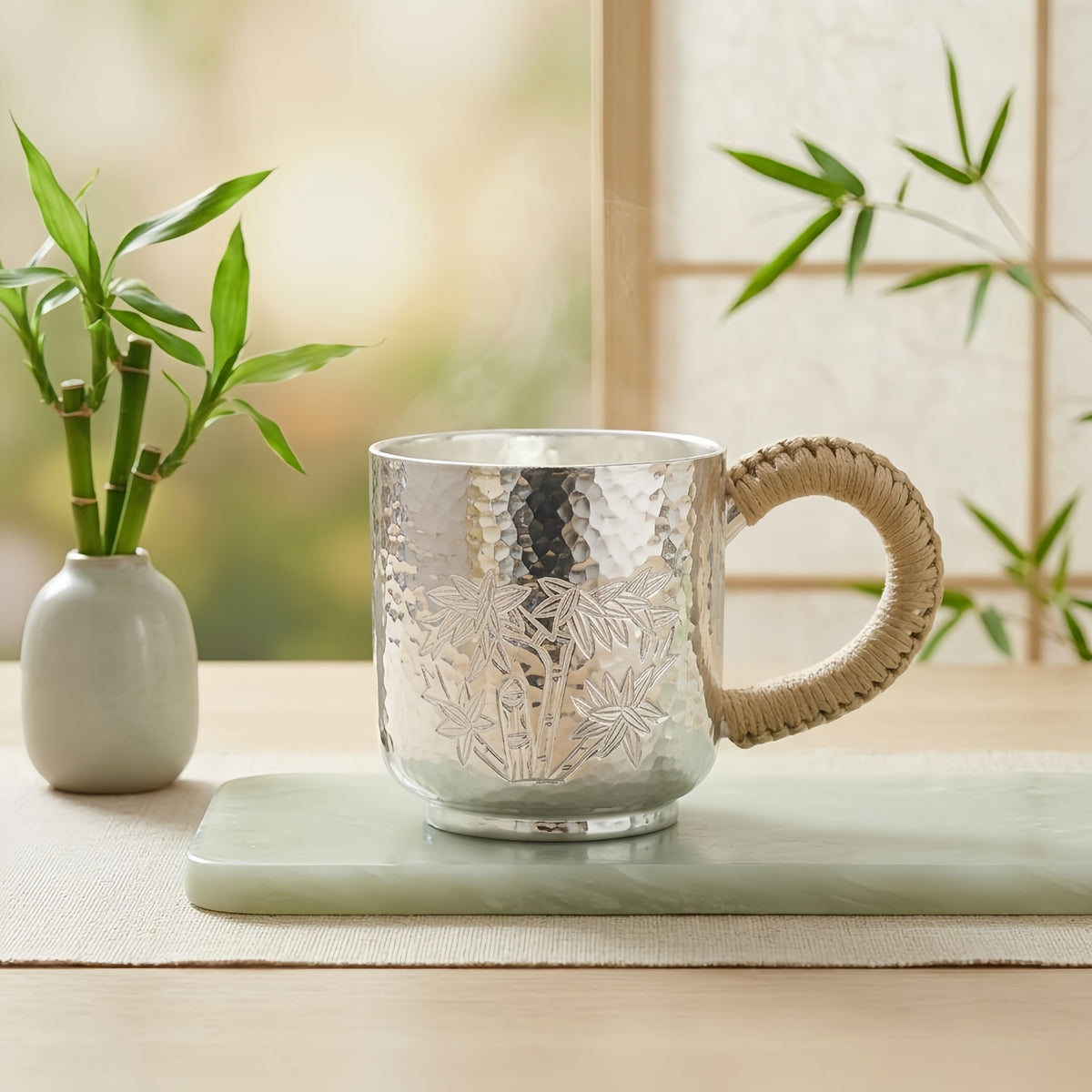 Pure 999 Fine Silver Handcrafted Hammered Silver Mug with Bamboo Engraving and Woven Rope Handle - Handicraft