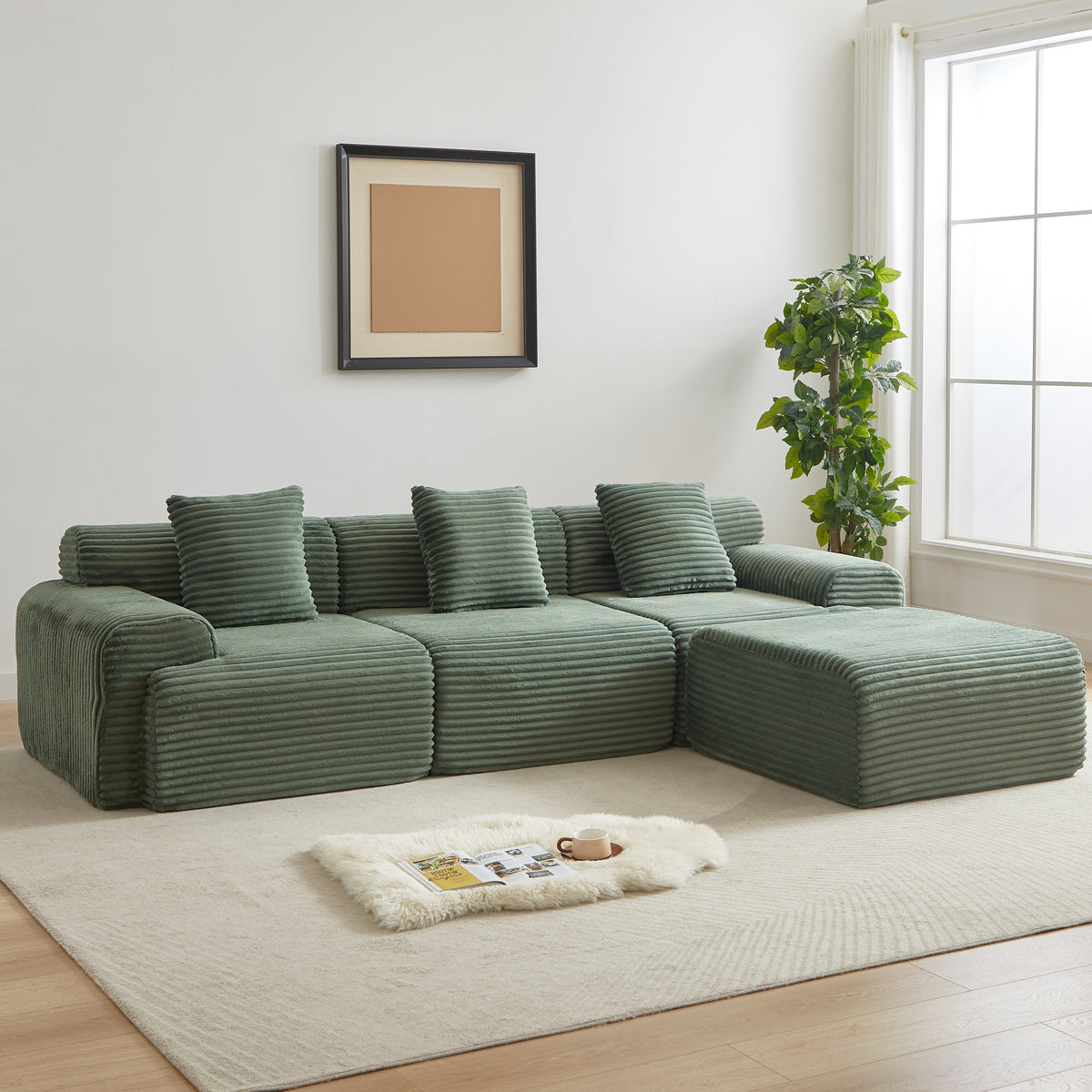 114-inch Corduroy Modular Sofa Boneless Couch, Featuring An Inlaid Structural Design, Three Throw Pillows, Wider Backrest Design And Four Freely Configurable Modules.