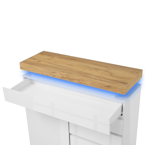 Chest Of Drawers,High-gloss Sideboard Cabinet With 2 Doors And 3 Drawers,Storage With RGB LED App-controlled,Multi-purpose Cabinet For Living Room And Bedroom, 115 X 110 X 39 Cm, White