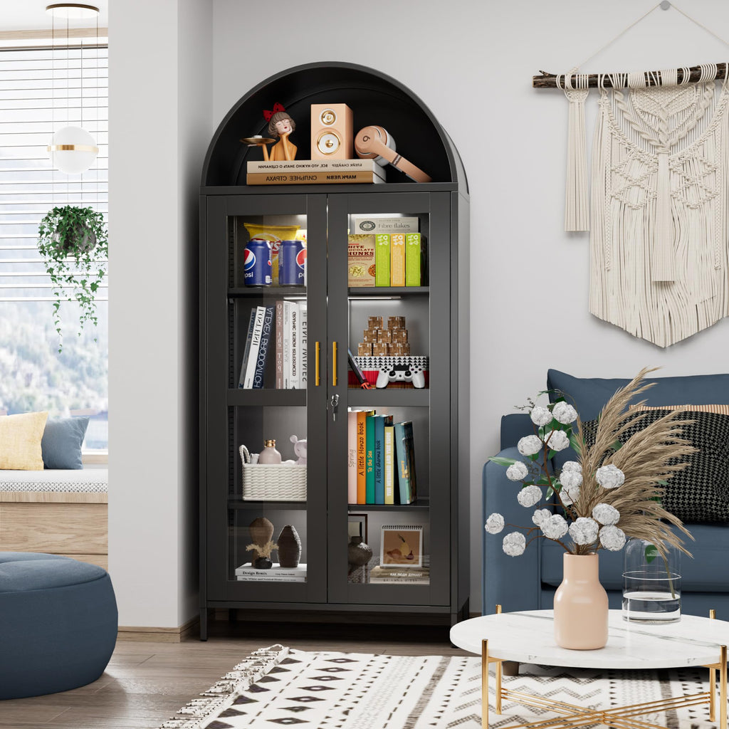 78.74inch H Metal Arched Cabinet With Lock And LED Light Strip, Metal Display Cabinet With Glass Doors And Adjustable Shelves,Suitable For Dining Room, Home, Assembly Required,Black