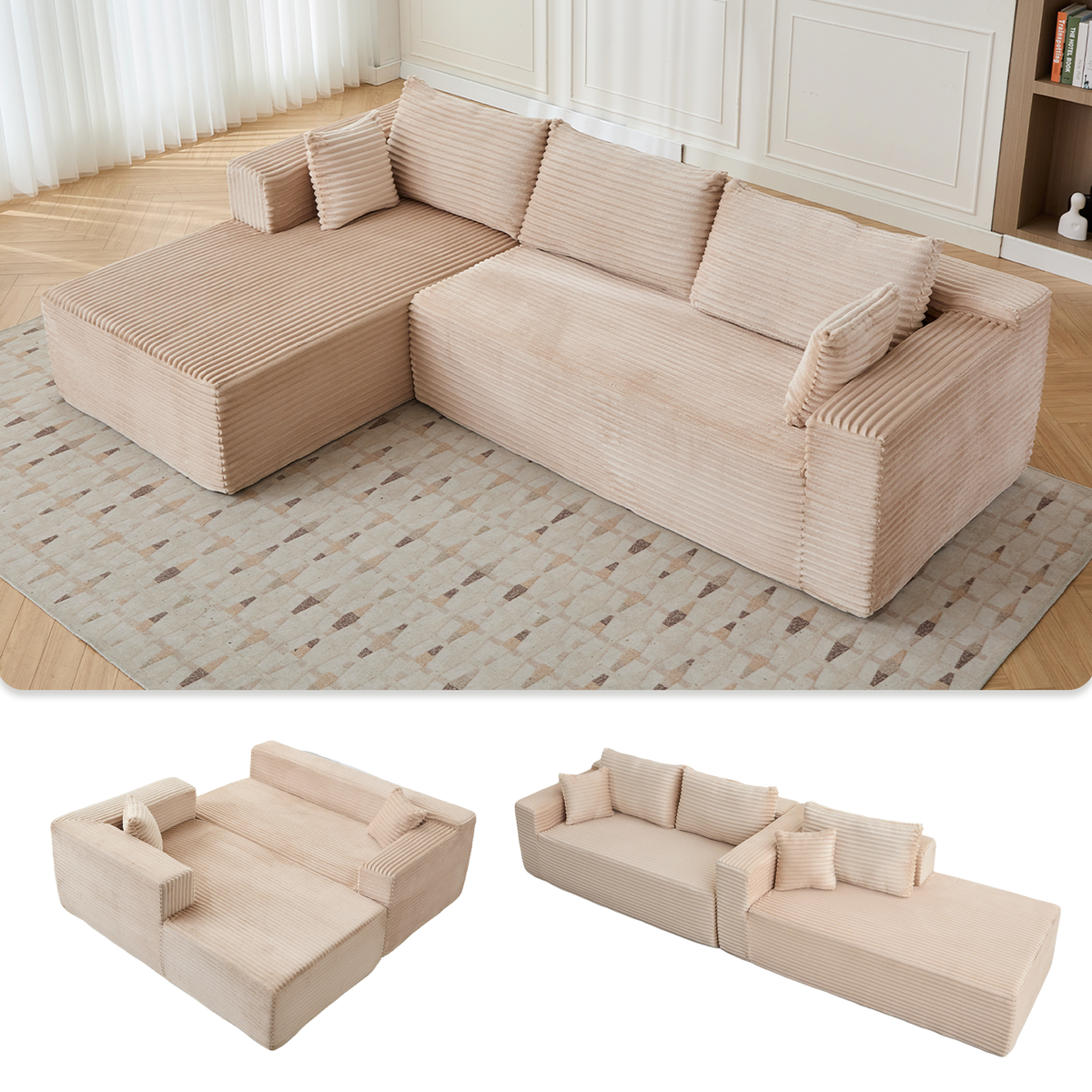 Compression Sectional Couch With Comfy Chaise, Boneless L Shape Sofa With Deep Seat, Minimalist Modular Couches Sleeper For Living Room Bedroom Apartment Lounge,corduroy,Beige