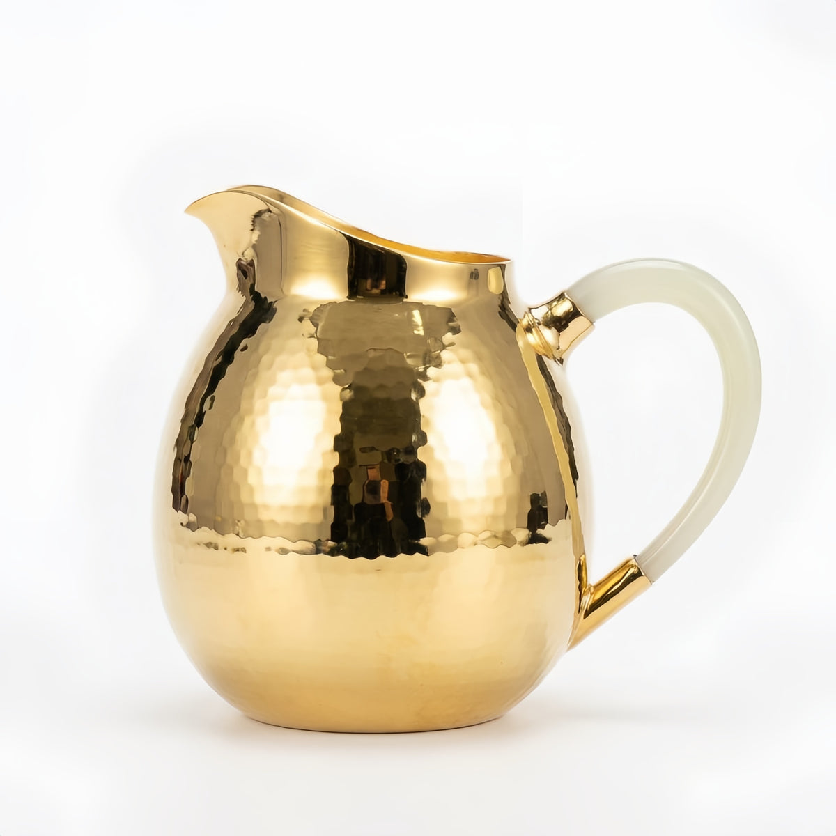 925 Sterling Silver Handcrafted Hammered Brass Pitcher with Elegant Creamy White Handle - Handicraft