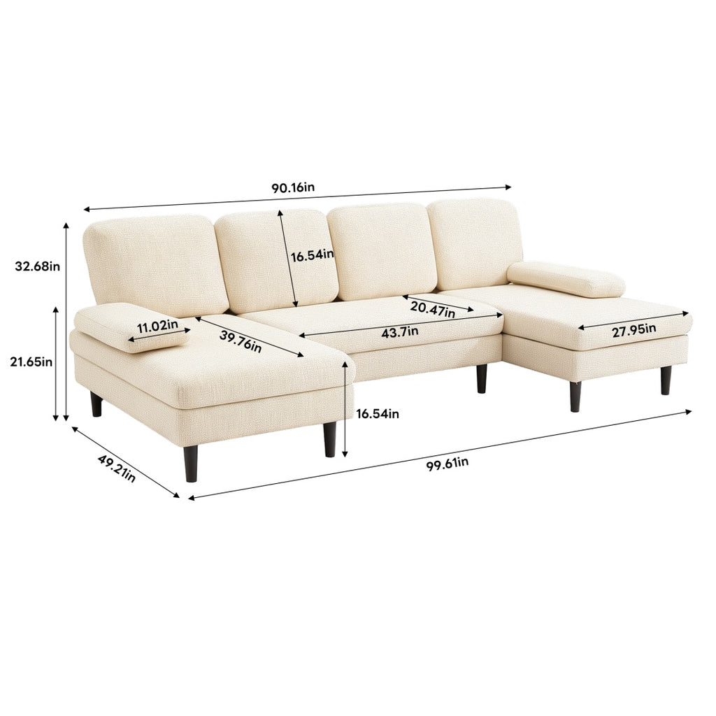 U-shaped Combination Sofa, Double Lounge Chair, Chenille Fabric 4-seat Living Room Furniture
