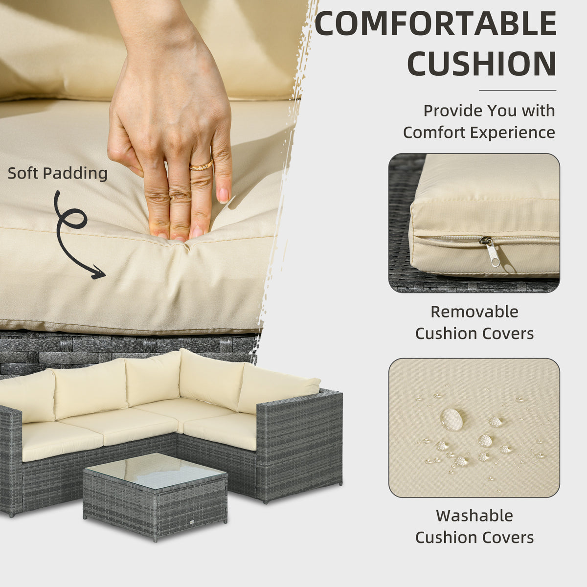 3 Pieces PE Rattan Garden Furniture Set With 10 Cm Thick Cushions, 4 Seater Garden Corner Sofa Set With Glass Top Coffee Table, Outdoor Furniture For Patio, Porch, Beige