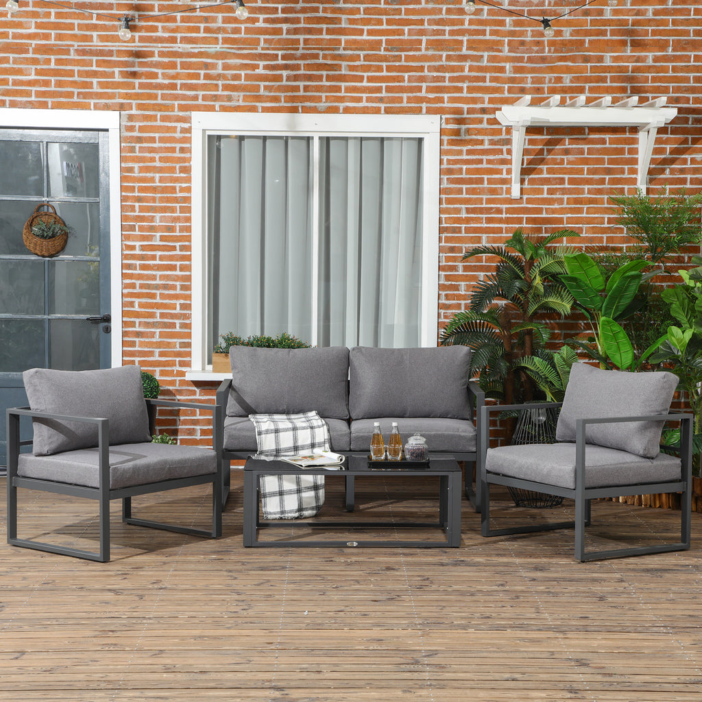 4 Pieces Garden Sofa Set 2 Single Armchair 1 Bench & Side Table Set Aluminium Frame Patio Furniture With Cushions Grey