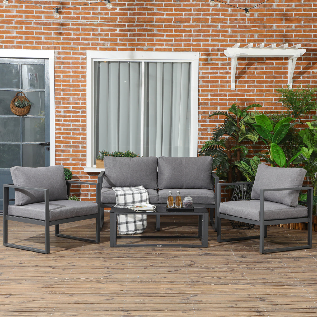 4 Pieces Garden Sofa Set 2 Single Armchair 1 Bench & Side Table Set Aluminium Frame Patio Furniture With Cushions Grey