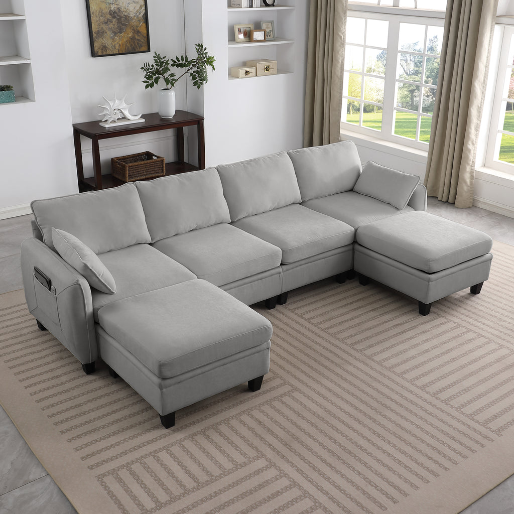 109 Inch Gray Chenille Modular Sectional Sofa,  L-Shaped Cloud Couch With Storage Ottoman, DIY Combination For Living Room