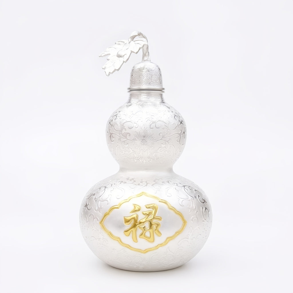 Pure 999 Fine Silver Ornate Handcrafted Silver Gourd Vessel with Prosperity Calligraphy Emblem - Handicraft