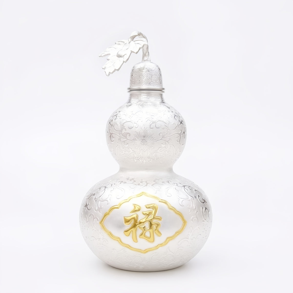 Pure 999 Fine Silver Ornate Handcrafted Silver Gourd Vessel with Prosperity Calligraphy Emblem - Handicraft