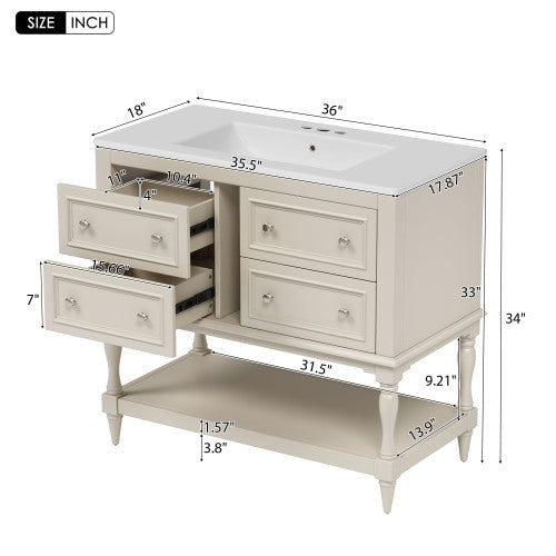 36'' Bathroom Vanity With Medicine Cabinet, Modern Mirror Cabinet With Adjustable Shelf, Bathroom Storage Cabinet With 4 Drawers, Solid Wood Frame Bathroom Storage Cabinet