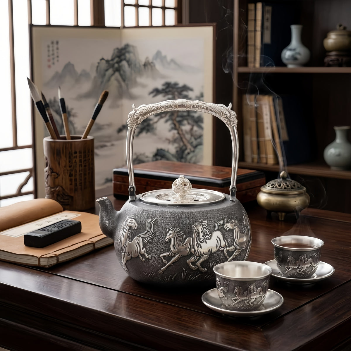 Pure 999 Fine Silver Handcrafted Silver Teapot with Intricate Galloping Horse Relief and Ornate Handle - Handicraft