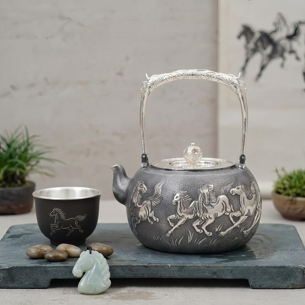 Pure 999 Fine Silver Handcrafted Silver Teapot with Intricate Galloping Horse Relief and Ornate Handle - Handicraft