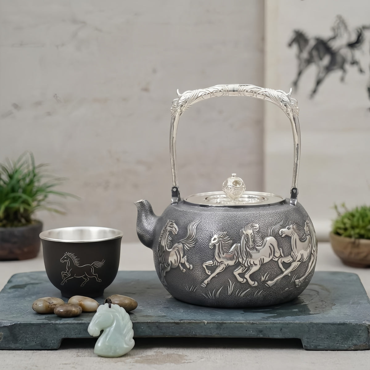 Pure 999 Fine Silver Handcrafted Silver Teapot with Intricate Galloping Horse Relief and Ornate Handle - Handicraft