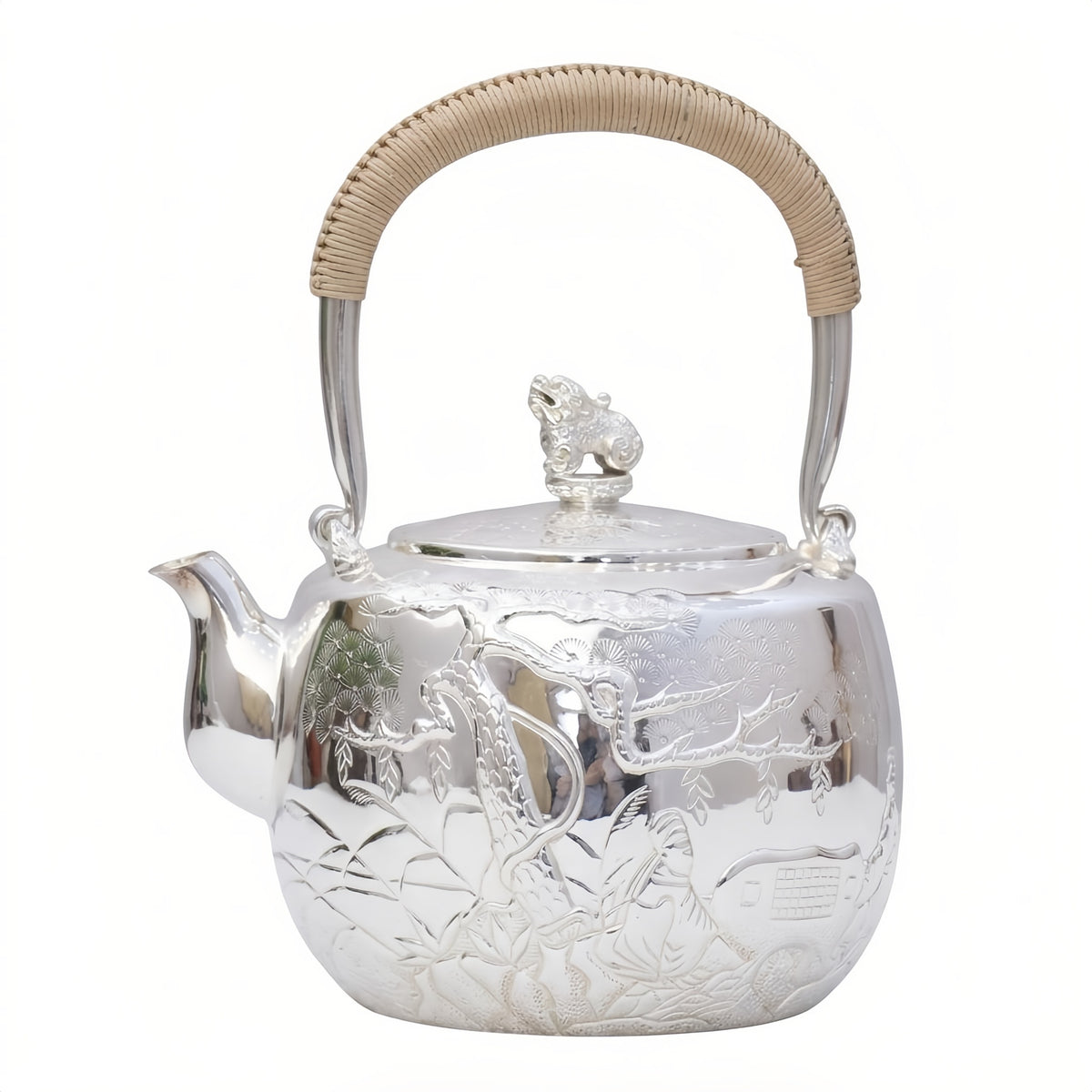 Pure 999 Fine Silver Handcrafted Sterling Silver Teapot with Intricate Landscape Relief and Woven Handle - Handicraft