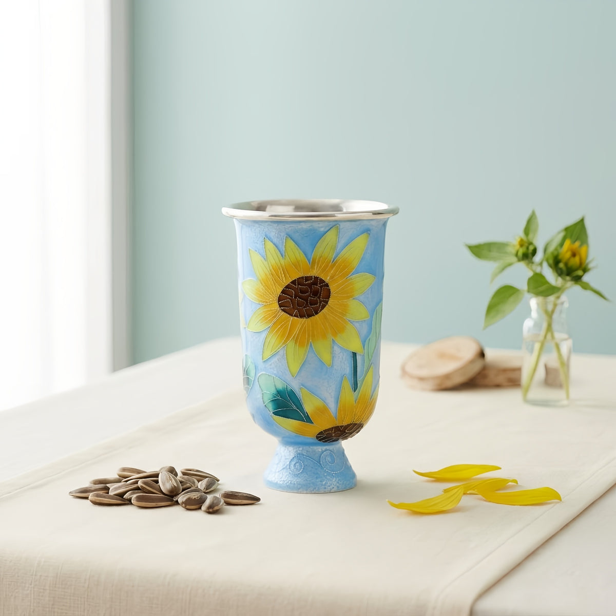 925 Sterling Silver Elegant Hand-Painted Sunflower Design Blue Stainless Steel Cup-Premium Indigo Teacup - Handicraft