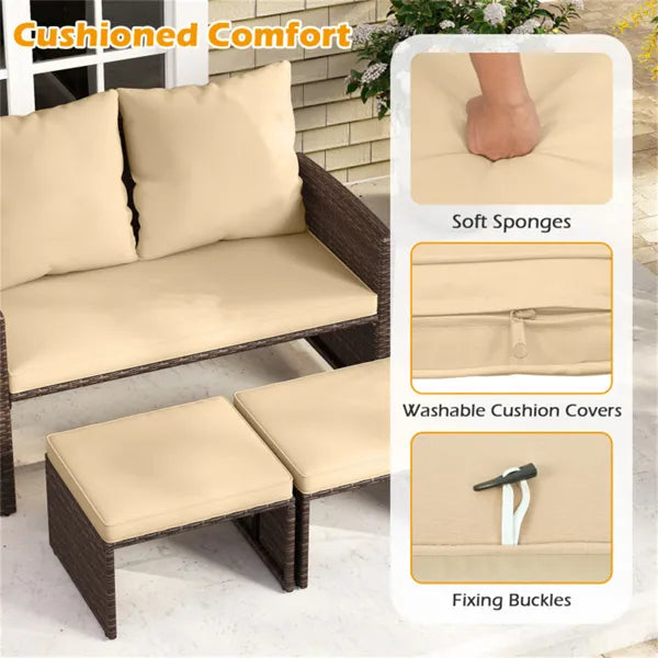 Outdoor Patio Furniture Set, PE Rattan Loveseat & 2 Ottomans Removable Cushions Metal Frame