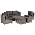 8 Pieces Rattan Garden Furniture Set, Garden Corner Sofa Set With 4 Chairs, 2 Footstools, 2 Coffee Tables And Cushions, Space-Saving Design, No Assembly Required, Grey