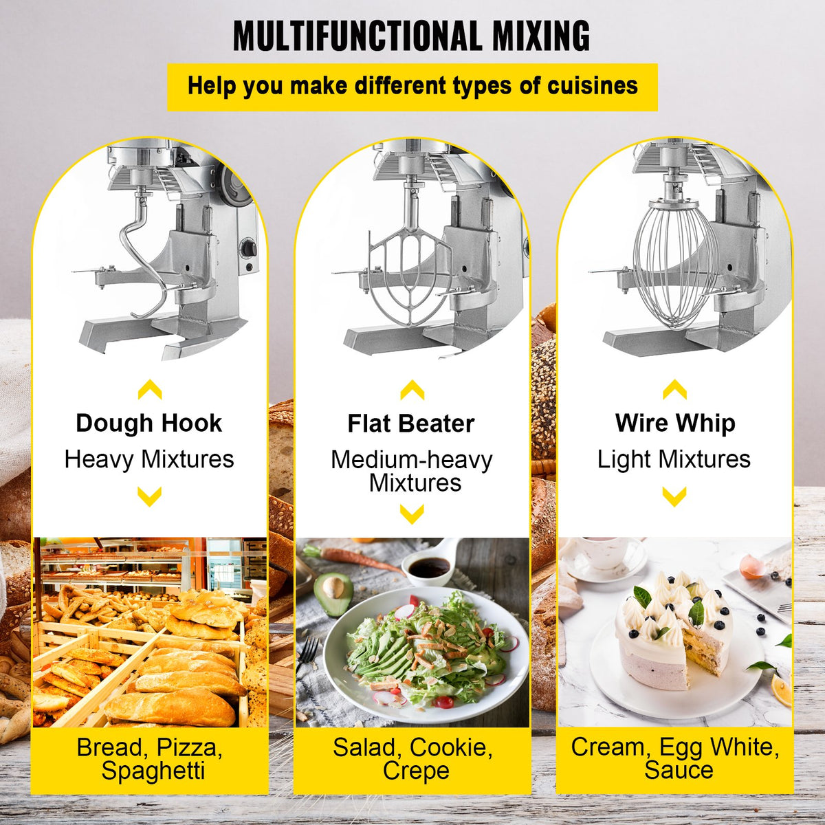 Commercial Food Mixer, 10Qt Commercial Mixer With Timer Function, 450W Stainless Steel Bowl Heavy-duty Electric Food Mixer, 3-speed Adjustable 113/184/341 RPM