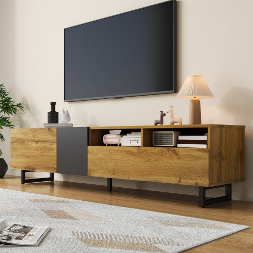 Colorblock TV Cabinet, Simple Contrasting Color Design, Three Doors And Two Compartments, U-Shaped Metal Legs, Retro Wood Grain