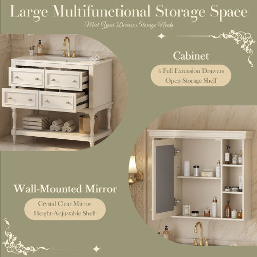 36'' Bathroom Vanity With Medicine Cabinet, Modern Mirror Cabinet With Adjustable Shelf, Bathroom Storage Cabinet With 4 Drawers, Solid Wood Frame Bathroom Storage Cabinet