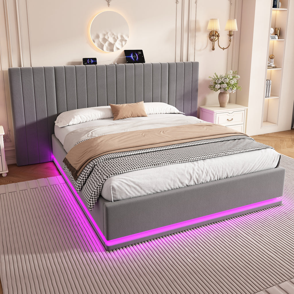 King Ottoman Bed With LED Lighting, Velvet Hydraulic Storage Bed With Charging Station, 5ft King Bed Frame Channel Tufted With Wide Headboard, USB And Type - C Ports, Grey No Mattress