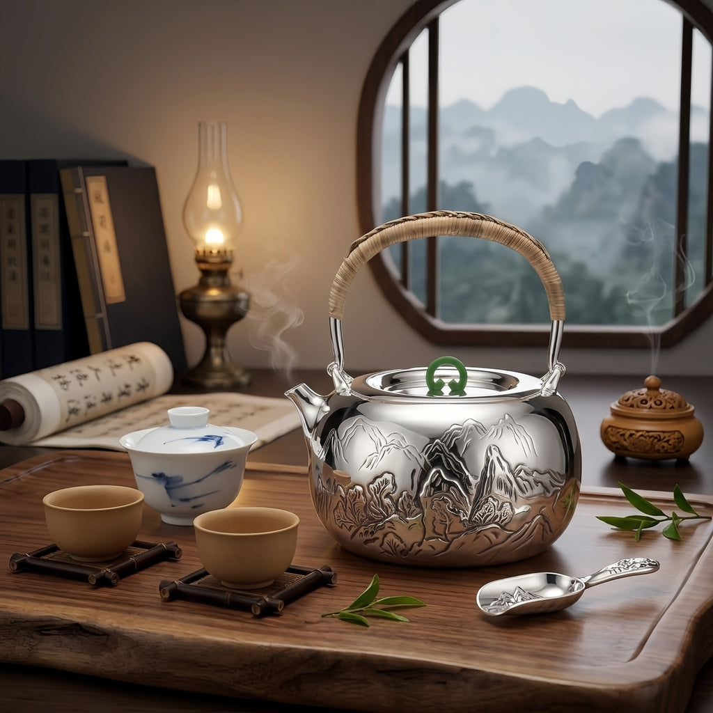 925 Sterling Silver Silver Landscape Teapot with Woven Handle and Jade Lid Accents - Handicraft