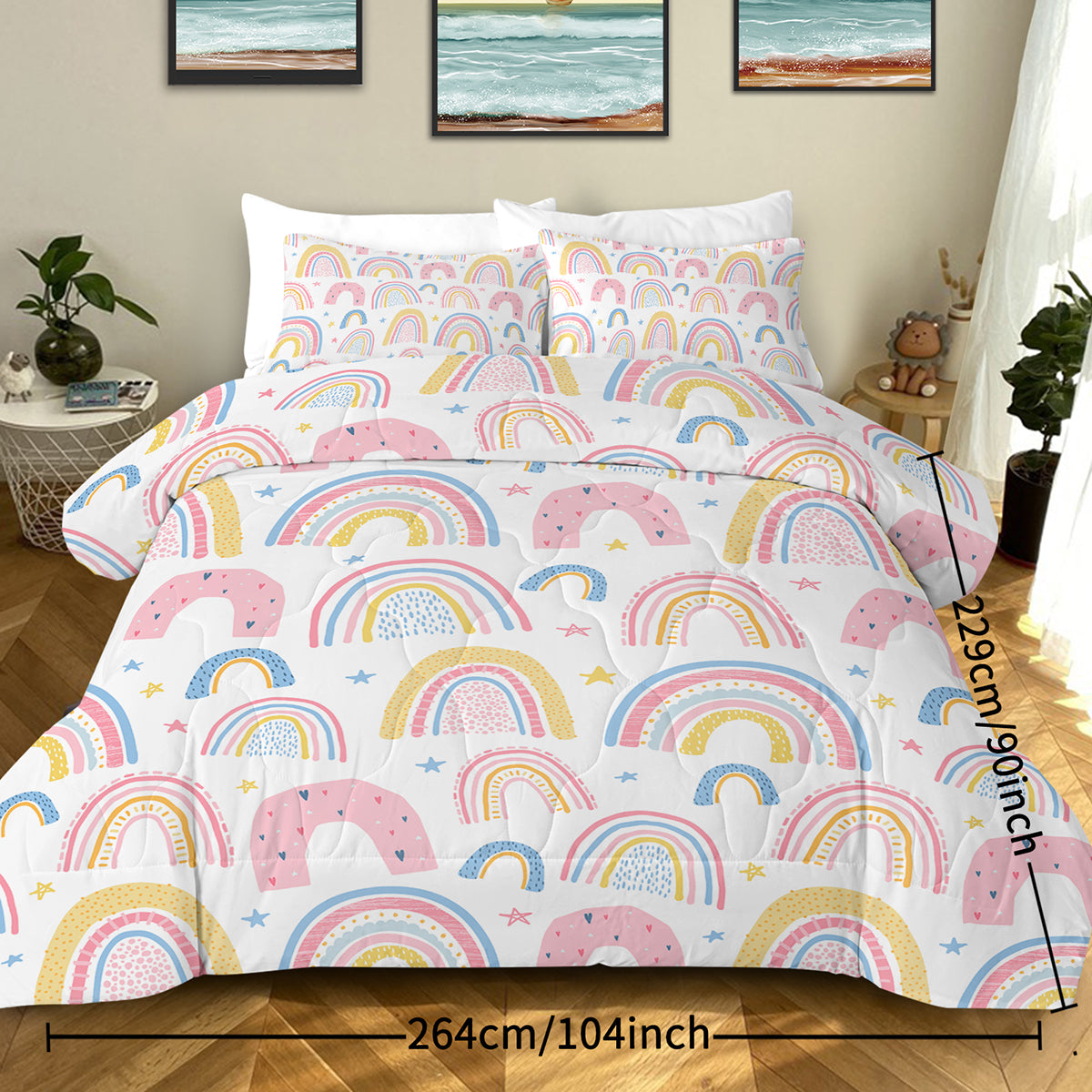 Rainbow Pattern Comforter Set For Women Pink And Yellow Rainbow Star Comforter 3 Piece With 2 Pillow Shams 1 Comforter And 2 Pillow Shams  Twin Full Queen King Size