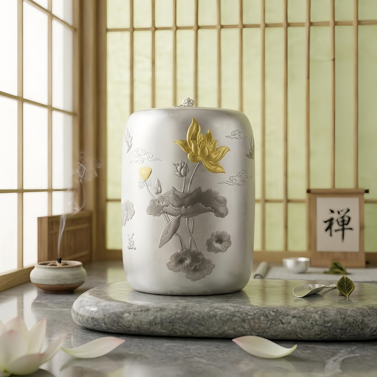 Pure 999 Fine Silver Exquisite Silver Lotus Canister with Gilded Accents and Traditional Cloud Motifs - Handicraft