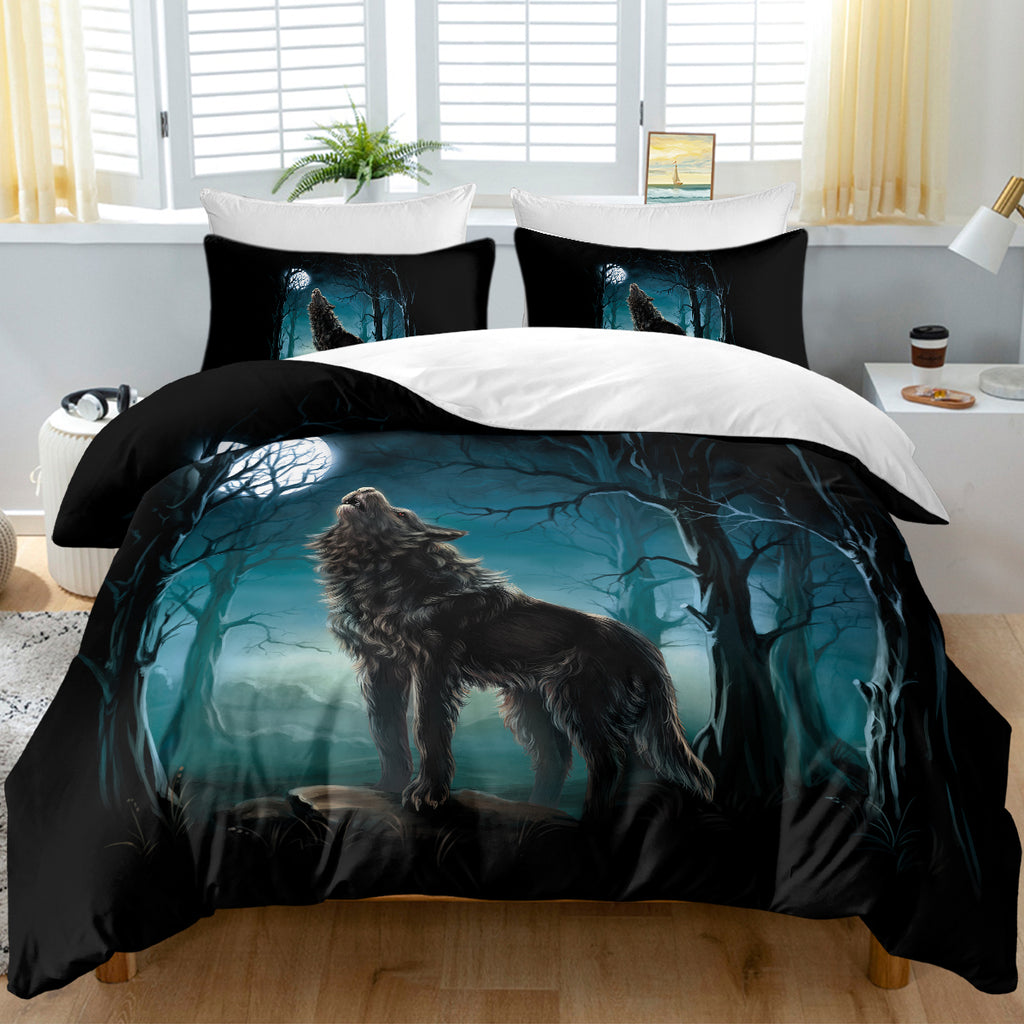 Moon Wolf Bedding Green Watercolor Forest Wolf Landscape Duvet Cover Sets 3 Pieces Wild Animal Bedding Set Twin Full Queen King Size