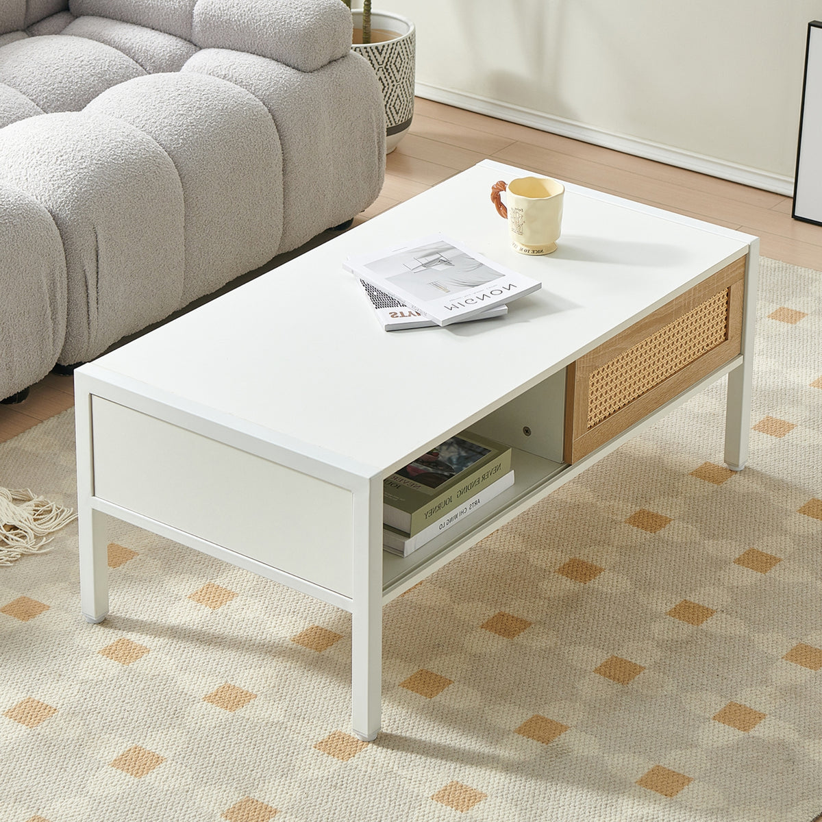 40.16 Rattan Coffee Table With Sliding Door, Metal Legs - Modern Living Room