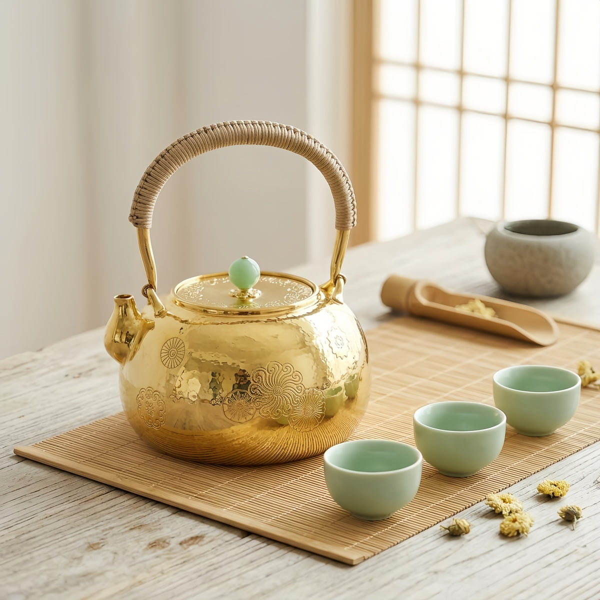 925 Sterling Silver Exquisite Handcrafted Hammered Metallic Teapot with Floral Engravings and Jade Finial - Handicraft